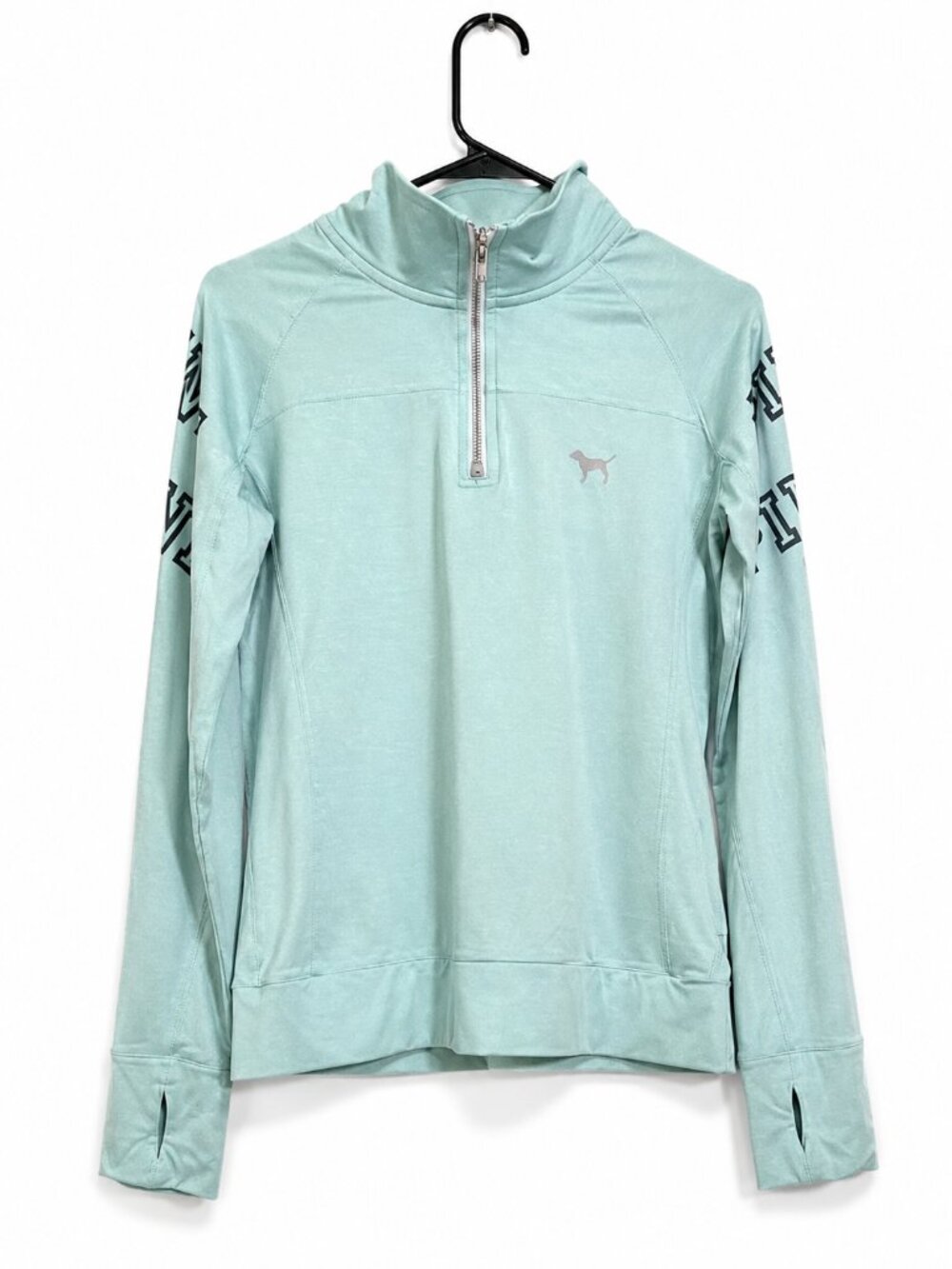 PINK Victoria's Secret Aqua Quarter Zip Pullover Thumbholes Back Zip Pocket Medi